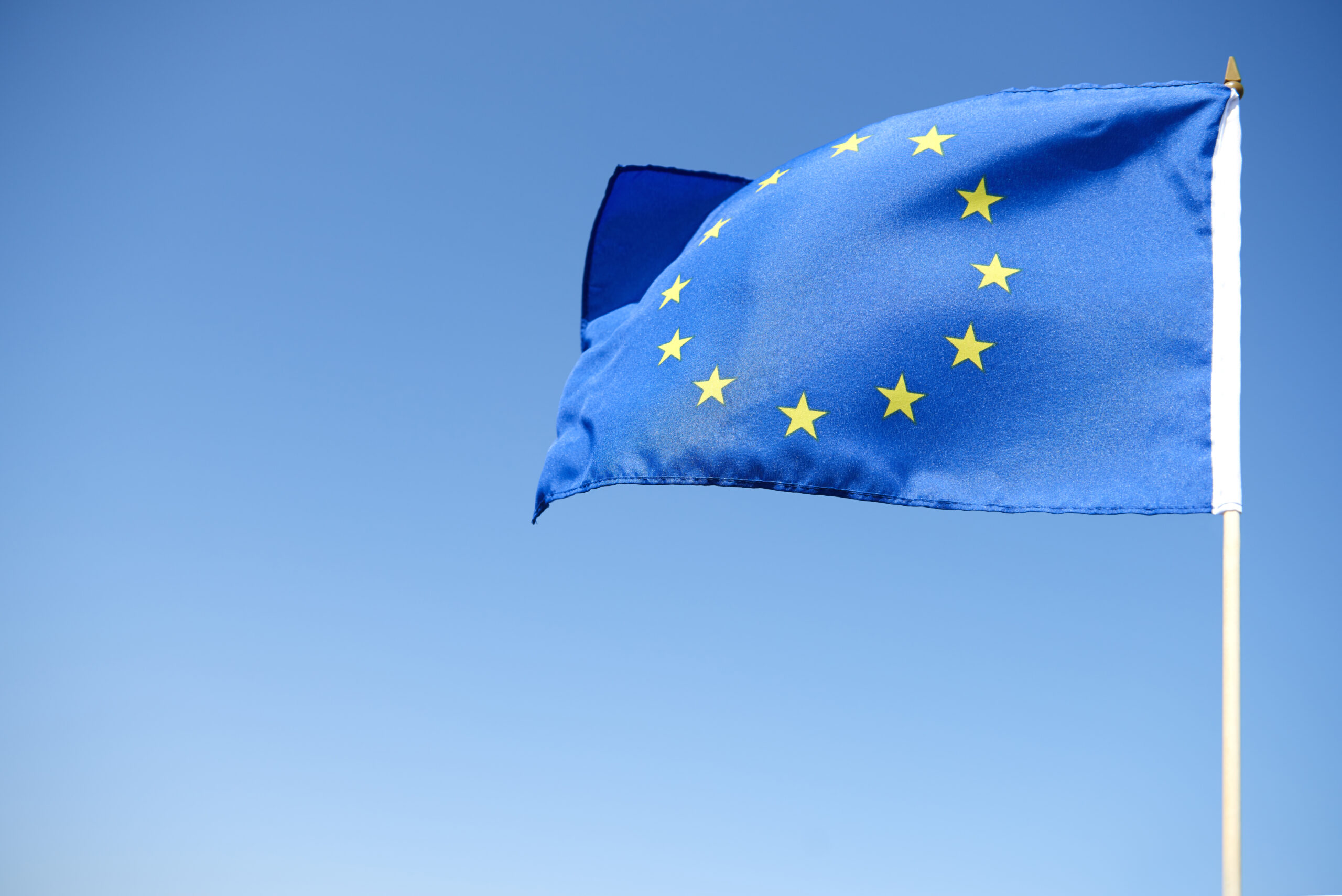Waving European Union Flag on the blue background